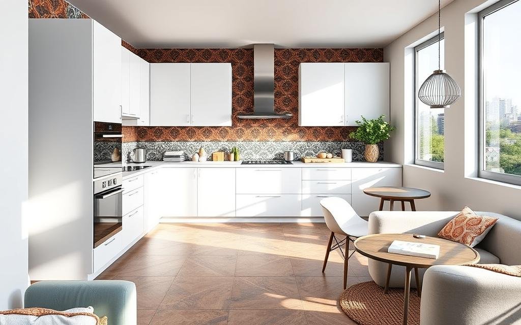 geometric tile designs in a modern kitchen