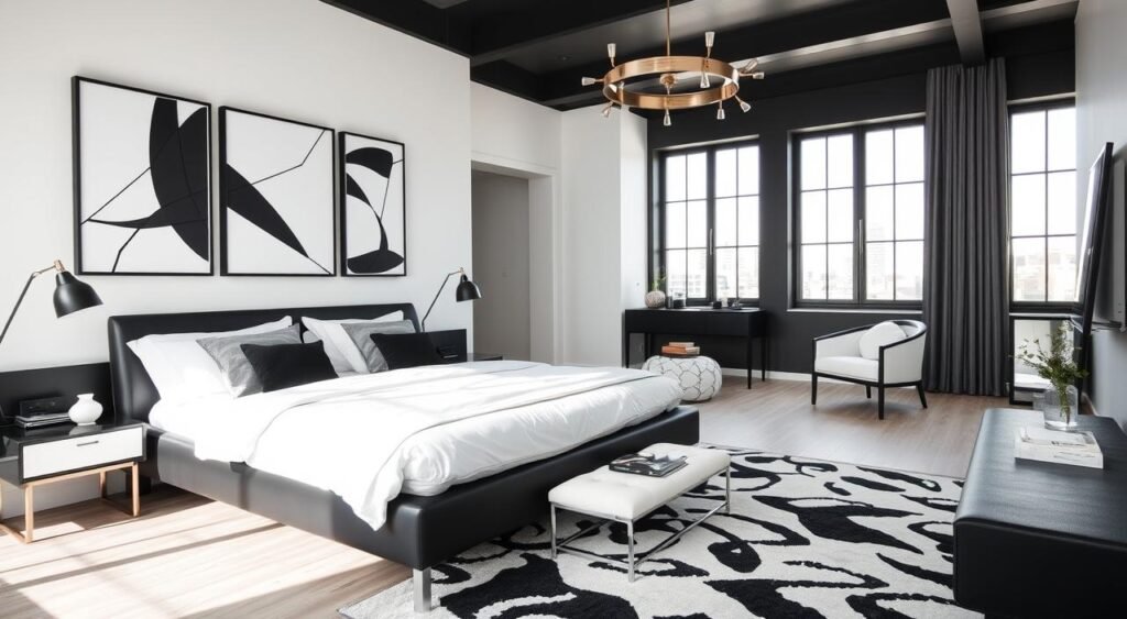 high-contrast decor in a modern bedroom