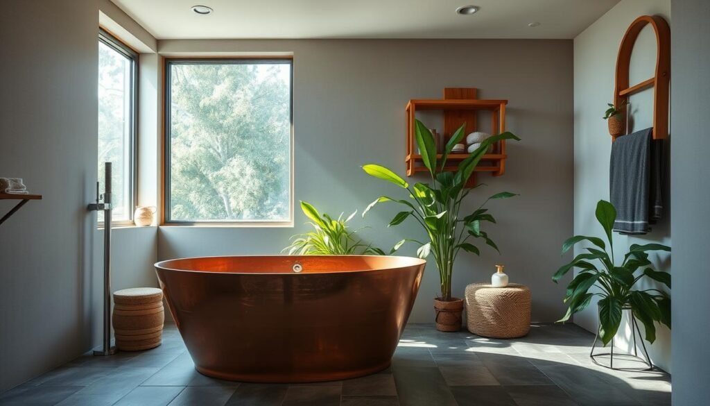 sustainable bathroom materials featuring a freestanding copper bathtub