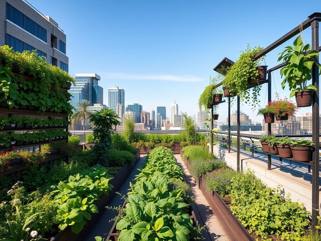 eco-friendly rooftop garden with vertical farming