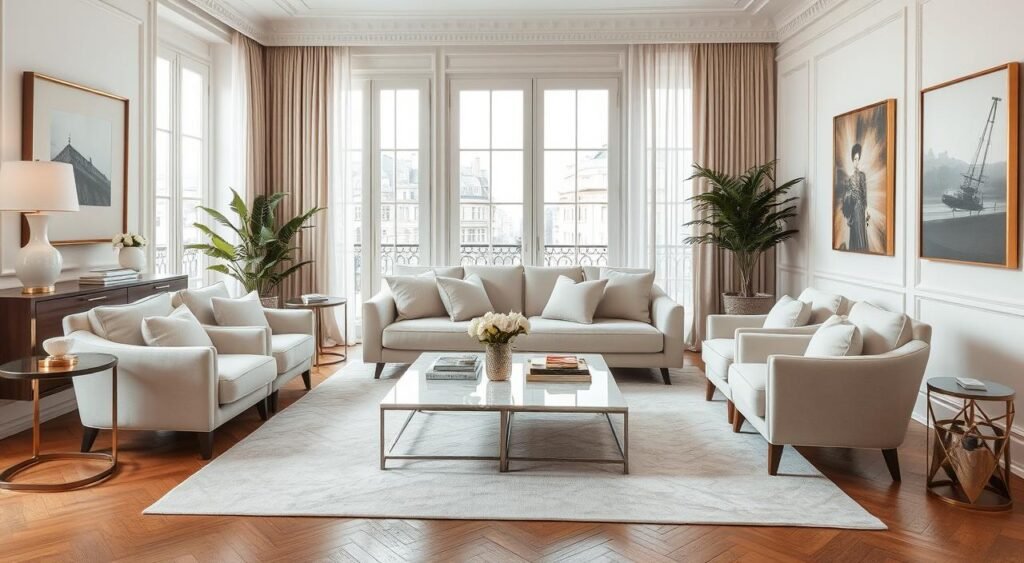 stylish Parisian living room with neutral color palette