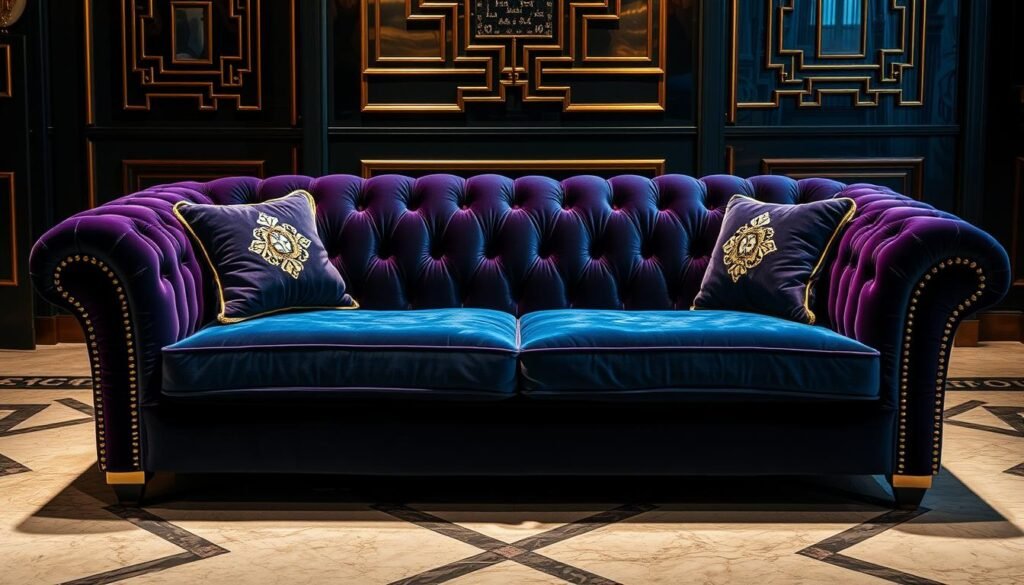 Luxurious velvet sofa with metallic accents