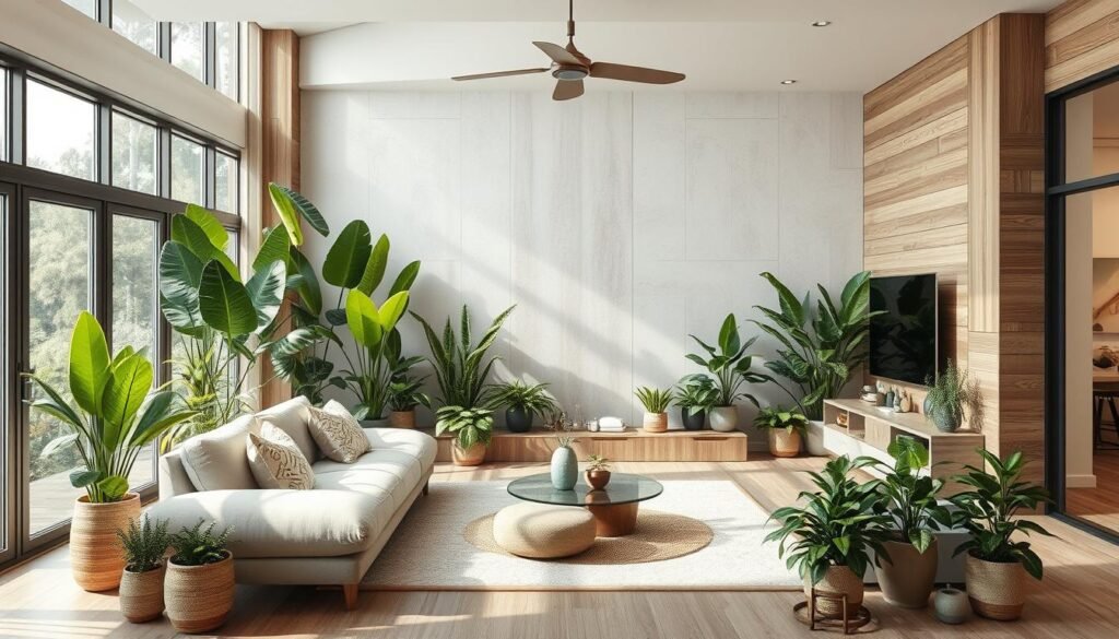 biophilic design living room with indoor plants and natural textures