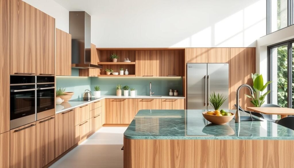 eco-friendly kitchen with recycled glass countertops