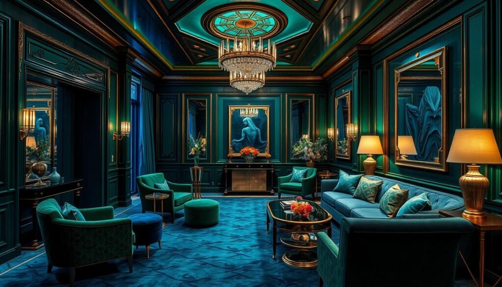 emerald green and sapphire blue interior design