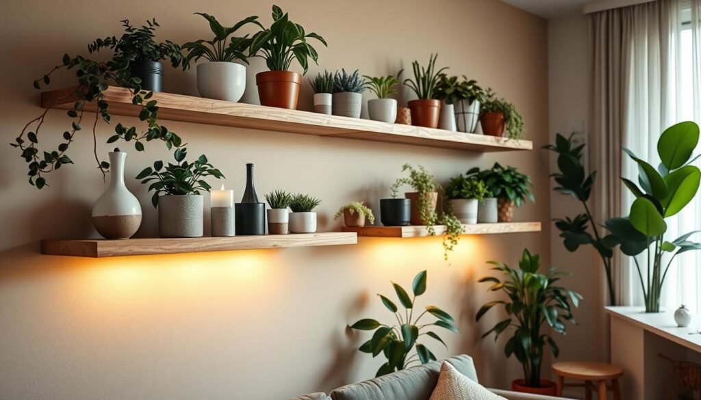 floating shelves with plants and decor