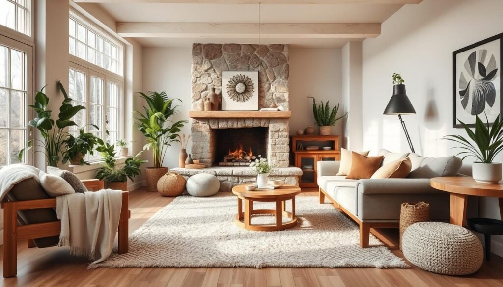 hygge living room with natural materials