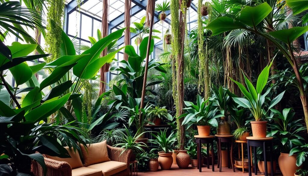 indoor jungle oasis with large and small plants