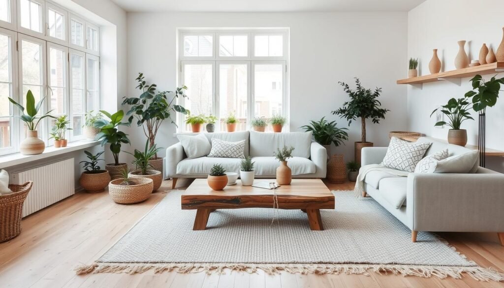 natural materials in Scandi living room design