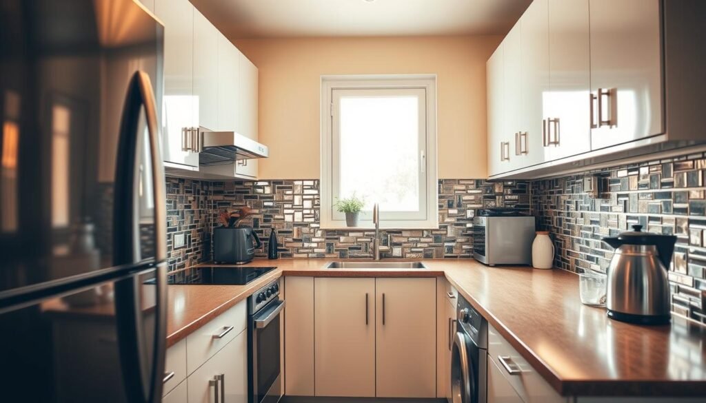 reflective backsplash tiles in a small kitchen