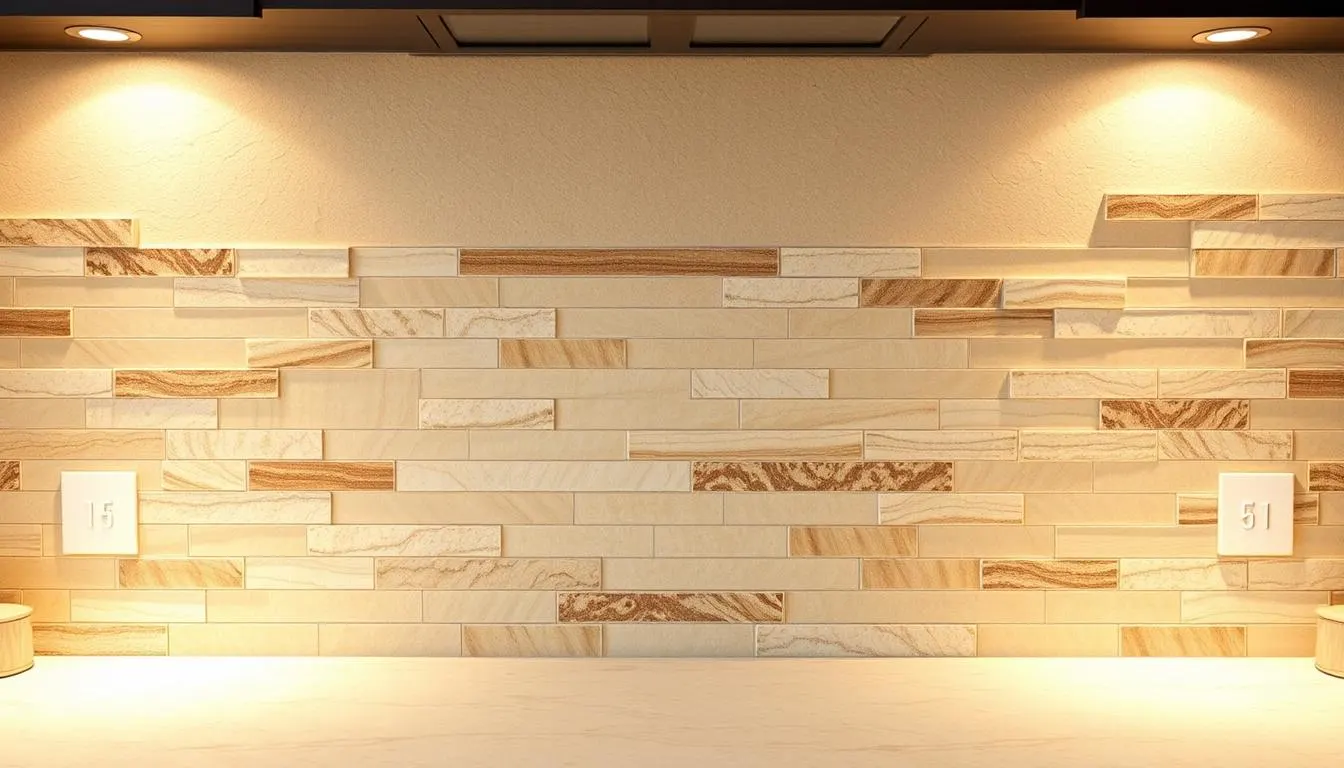A beautifully textured natural stone backsplash, featuring a mosaic of smooth, earth-toned slabs. The stones are arranged in a simple, linear pattern, creating a timeless and elegant look. Warm, diffused lighting casts gentle shadows, highlighting the unique veining and subtle variations in color and tone. The backsplash seamlessly blends with the surrounding kitchen surfaces, creating a cohesive and harmonious visual experience. The overall mood is one of understated sophistication, with the natural stone serving as a timeless and durable focal point in the kitchen design.