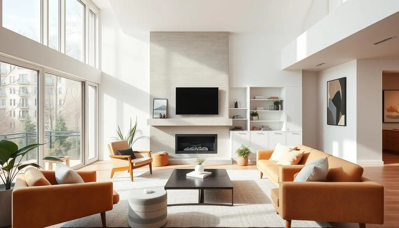 A bright, airy interior with a timeless, high-end aesthetic. A spacious living room with large windows, allowing natural light to flood the space. Mid-century modern furniture in warm, earthy tones, complemented by plush textiles in muted, harmonious hues. A focal point fireplace with a minimalist, stone surround. Sleek, built-in shelving displaying curated decor pieces. Subtle pops of color in the form of abstract artwork and potted plants. Soft, indirect lighting enhances the cozy, yet sophisticated ambiance. The scene captures a harmonious blend of 2025 color trends and enduring design principles, creating a tranquil, inviting atmosphere.