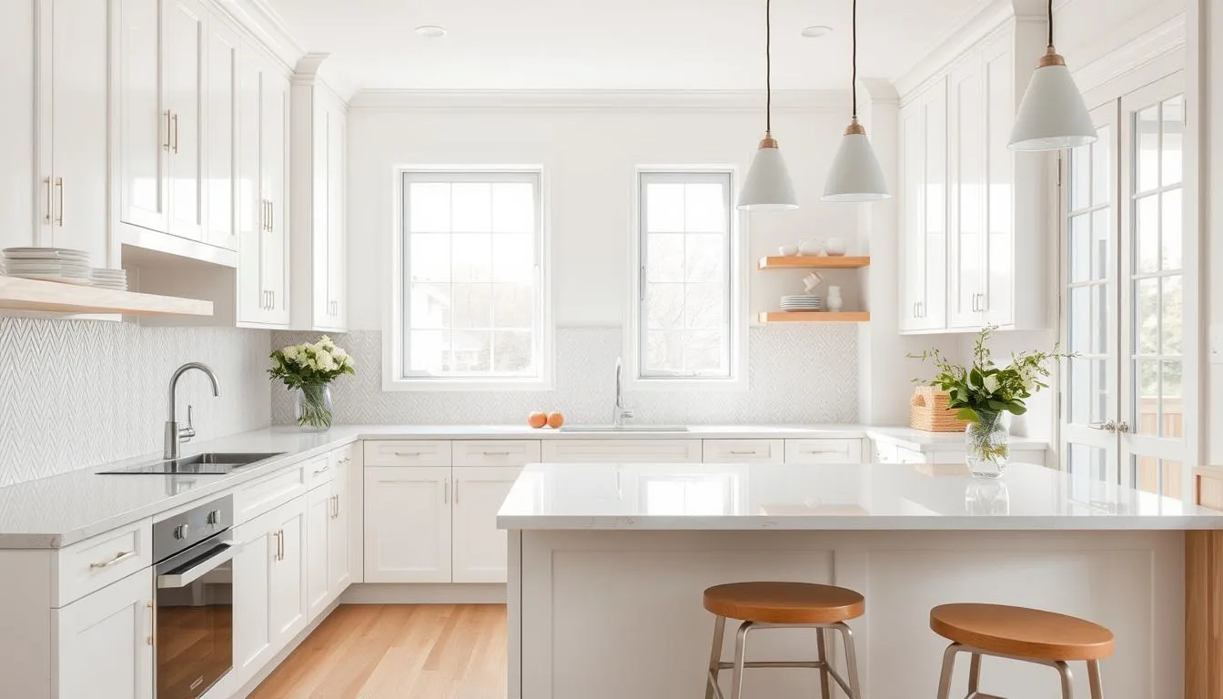 A bright, airy kitchen with neutral color palette. Sleek white cabinetry and countertops reflecting natural light from large windows. Subtle texture in backsplash tiles, perhaps a herringbone pattern or minimalist subway tiles. Accents of light wood tones on shelves, island, or stools, creating a warm, inviting atmosphere. Soft, diffused lighting from pendant fixtures or recessed ceiling lights. Clean, uncluttered layout with focus on functionality and timeless, sophisticated design. Vase of fresh flowers or potted plant adds a natural, organic touch. Overall, a serene, harmonious space that would suit a variety of kitchen styles and personal preferences.