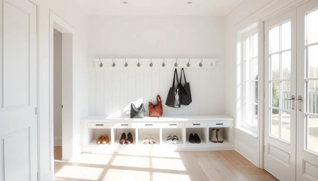 A bright, airy mudroom with a contemporary, minimalist design. The entryway features a row of sturdy, metal hooks arranged neatly on a sleek, wood-paneled wall. Beneath, a stylish bench with built-in storage cubbies provides ample space for organizing shoes, bags, and outdoor gear. Soft, natural light filters in through large windows, illuminating the clean, neutral color palette of whites, grays, and light wood tones. The overall atmosphere is one of orderliness and functionality, creating a welcoming and organized transition from the outdoors to the home's interior.