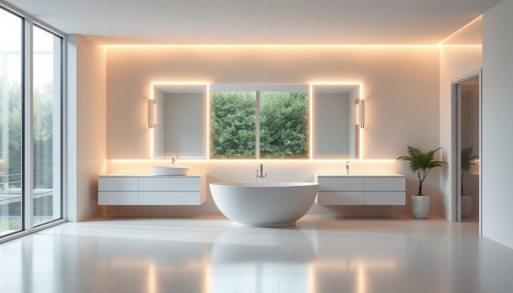 A contemporary bathroom interior with a sleek, minimalist design. The focal point is a well-lit vanity area featuring a large, backlit LED mirror that casts a warm, ambient glow. The mirror is flanked by modern sconce lighting that illuminates the space evenly. The floor is covered in smooth, light-colored tiles that reflect the lighting, creating a bright and airy atmosphere. A freestanding bathtub sits in the middle of the room, its clean lines and gentle curves complementing the overall aesthetic. Large windows let in abundant natural light, which interacts with the artificial lighting to create a harmonious, sophisticated ambiance.