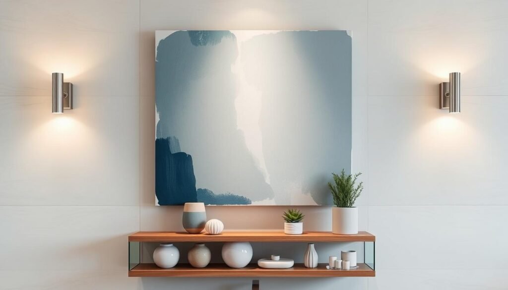 A contemporary bathroom wall display featuring a curated collection of modern art pieces. The focal point is a large, minimalist abstract canvas with bold brushstrokes in shades of blue and gray, flanked by two sleek, metallic wall sconces that cast a warm, ambient glow. In the middle ground, a floating wood and glass shelving unit showcases a mix of ceramic vases, potted plants, and minimalist sculptures. The background features smooth, clean-lined tiles in a neutral palette, creating a serene, spa-like atmosphere. The overall aesthetic is one of sophisticated, understated elegance, perfectly complementing the modern bathroom design.