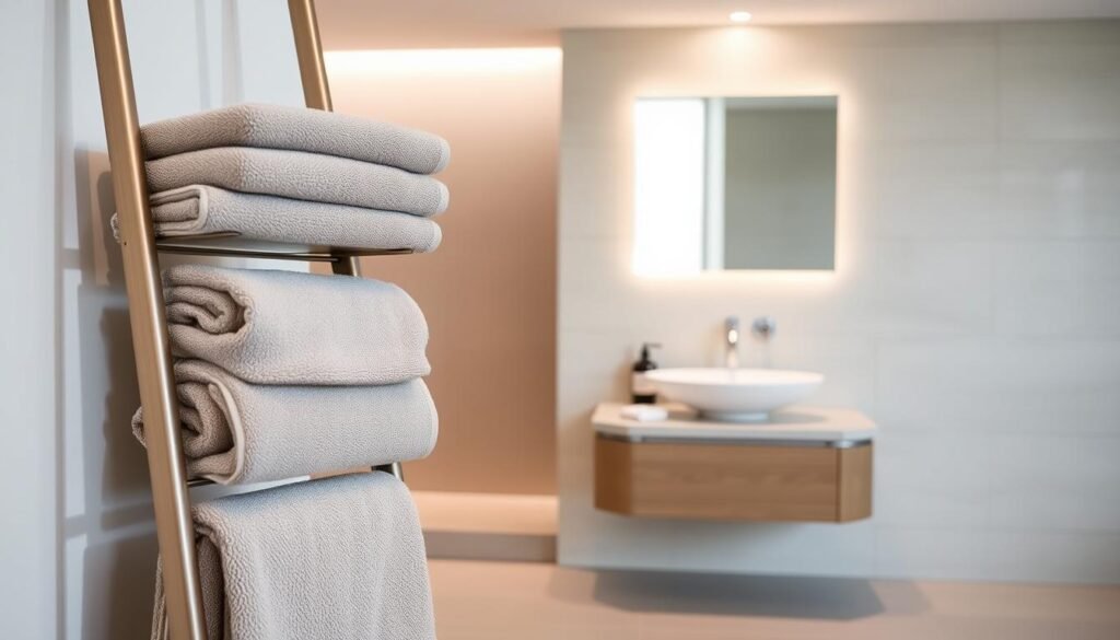 A contemporary bathroom with clean, minimalist design. In the foreground, a sleek metal or wooden towel rack or ladder display, holding neatly folded plush towels in muted tones. The middle ground features a floating vanity with a simple vessel sink and minimalist hardware. Indirect lighting casts a warm, natural glow throughout the space. The background showcases large format tiles or stone in a soothing palette, creating a serene, spa-like ambiance. The overall impression is one of sophisticated, functional storage solutions that seamlessly integrate with the modern bathroom aesthetic.