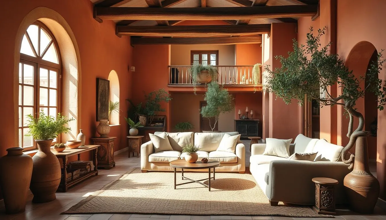 A cozy Mediterranean-inspired living room with warm terracotta walls and sandy-toned furnishings. A large arched window floods the space with soft, diffused natural light, casting a gentle glow on the textured plaster walls. In the foreground, a low-slung, overstuffed sofa in a natural linen fabric invites relaxation, flanked by carved wood side tables and terracotta vases filled with lush greenery. The middle ground features a woven area rug in earthy tones, complementing the exposed wood ceiling beams above. Potted olive trees and trailing vines add a sense of old-world charm, while the background showcases a balcony overlooking a sun-drenched courtyard, completing the tranquil, inviting atmosphere.