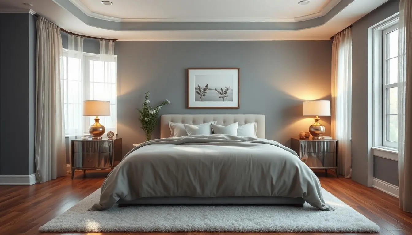 A cozy and harmonious bedroom showcasing a seamless color coordination. The focal point is a plush king-size bed dressed in soft, muted tones of gray and beige, complemented by matching nightstands and elegant table lamps casting a warm, ambient glow. The walls are painted in a soothing blue-gray hue, creating a calming and inviting atmosphere. Delicate sheer curtains frame the large windows, allowing natural light to filter in and accentuate the room's serene ambiance. Minimalist artwork and greenery add subtle pops of color, while the hardwood flooring and a fluffy area rug tie the entire space together, exuding a sense of tranquility and sophistication.