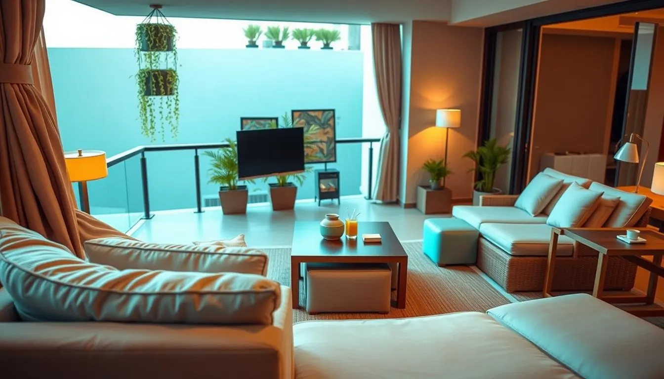 A cozy and inviting bedroom balcony with a multi-functional furniture arrangement. In the foreground, a plush, comfortable outdoor sofa with built-in storage and a foldable side table, creating a relaxing conversation area. In the middle ground, a modular coffee table that can be reconfigured as a dining table or work surface, surrounded by stylish outdoor ottomans that double as extra seating. The background features a hanging plant display and minimalist railing, allowing natural light to flood the space. The lighting is soft and warm, creating a tranquil, resort-like atmosphere. The camera angle is slightly elevated, capturing the scene from an angle that showcases the clever use of space and multifunctional design.