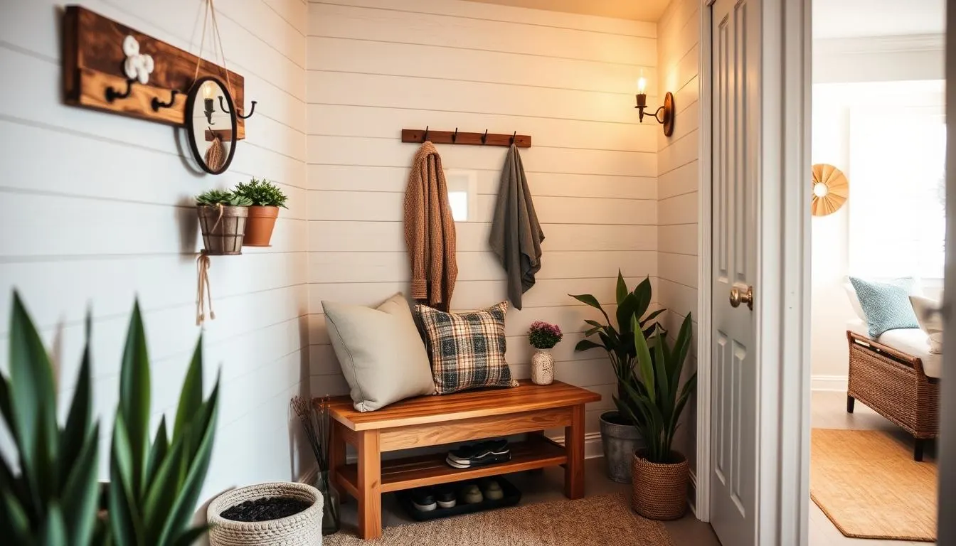 A cozy and inviting narrow entryway in a compact space. A wooden bench with plush cushions sits against a shiplap wall, accented by a rustic wall-mounted coat rack and a small round mirror. Potted plants and a decorative vase add pops of greenery, while soft, warm lighting from a wall sconce creates a welcoming ambiance. The entryway leads into a bright, airy room, hinting at the home's interior. The scene is captured at a slight angle, showcasing the efficient use of the limited space.