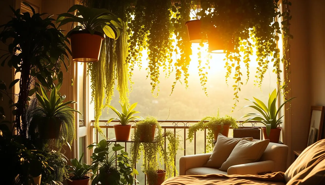 A cozy bedroom balcony, flooded with warm, golden natural light. Lush, verdant foliage cascades from hanging planters, creating a serene, enveloping canopy. Potted ferns, philodendrons, and trailing vines line the railing, blurring the boundaries between indoors and out. Soft, diffused light filters through the greenery, casting a soothing, tranquil ambiance. A pair of plush armchairs invite you to sink in and unwind, surrounded by the calming presence of nature. The overall scene evokes a sense of peaceful sanctuary, a harmonious fusion of interior and exterior spaces.