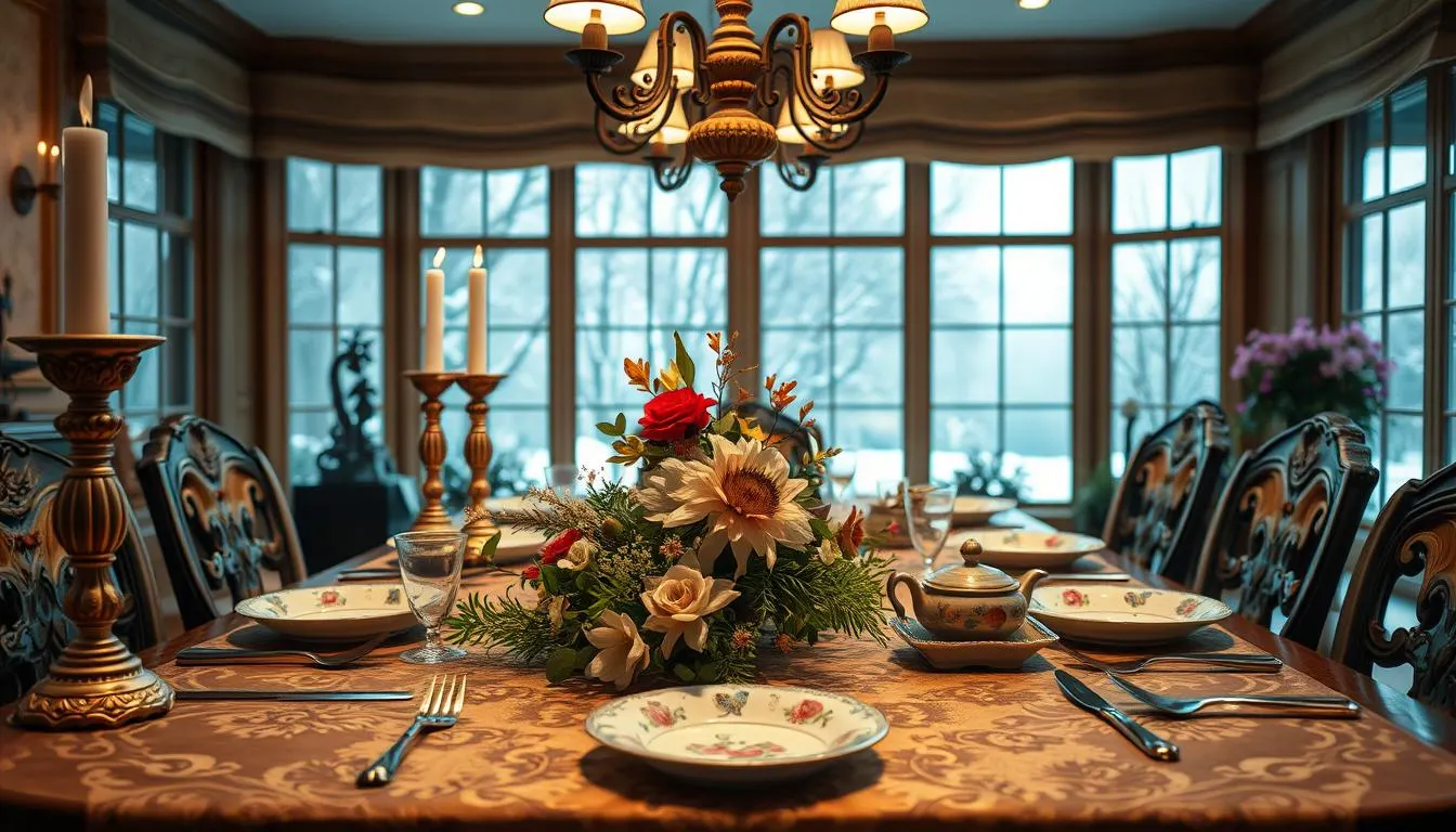 A cozy, elegantly set dining table showcasing the changing seasons. In the foreground, an ornate table runner with delicate floral patterns frames a centerpiece of fresh seasonal blooms and greenery. Intricately carved candlesticks and gleaming silverware create a sense of refined luxury. The middle ground features bone china plates, each with a unique seasonal motif - autumn leaves, winter snowflakes, spring blossoms, summer fruits. Soft, warm lighting from overhead fixtures casts a gentle glow, heightening the intimate, welcoming atmosphere. In the background, large windows reveal a tranquil outdoor scene that shifts with the seasons, from snow-covered landscapes to blooming gardens. An enchanting tableau that invites you to linger and savor the comforts of home.
