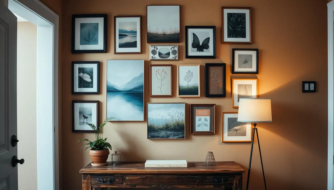 A cozy entryway showcases an eclectic wall art display. The foreground features a rustic wooden console table, adorned with a potted plant and a vintage-inspired table lamp. Above it, an arrangement of framed paintings, photographs, and wall hangings creates a visually captivating focal point. The middle ground includes a mix of abstract canvases, minimalist line art, and nature-inspired prints, all expertly curated to tell a story. The background is a warm, neutral-toned wall, adding depth and a sense of coziness to the scene. The lighting is soft and diffused, creating a welcoming atmosphere. The overall composition is balanced, with a harmonious blend of textures, colors, and styles that invites the viewer to explore and discover the unique personality of the space.