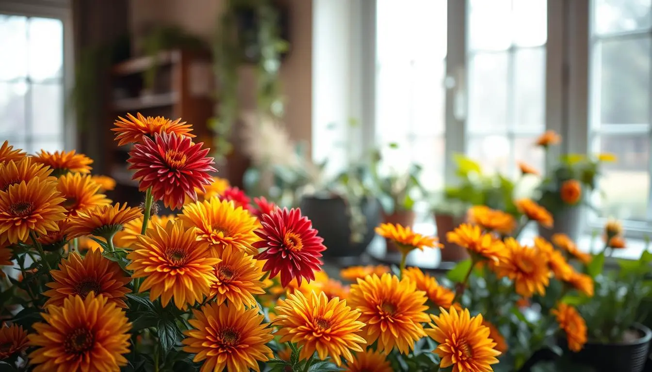 A cozy indoor setting, a well-lit room with warm, natural lighting filtering through large windows. In the foreground, a collection of vibrant chrysanthemum plants in shades of gold, bronze, and crimson, their delicate, intricate blooms and lush foliage filling the frame. The middle ground features additional potted plants, perhaps some trailing vines or leafy greens, creating a lush, thriving botanical display. The background subtly blurs, hinting at a neutral-toned wall or shelving unit, allowing the flowers to take center stage. The overall mood is one of serene elegance, autumn's comforting embrace captured within this harmonious indoor garden scene.