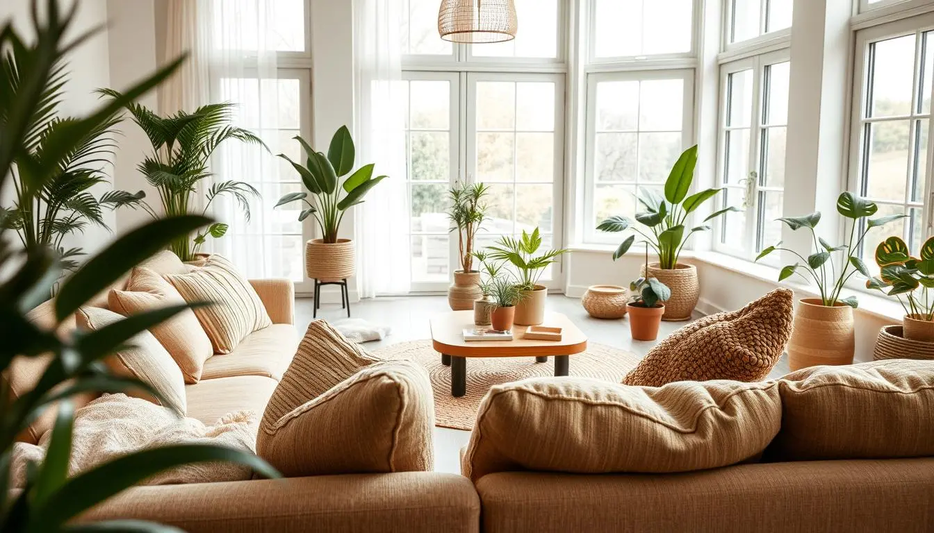 A cozy, light-filled eco-friendly living room with natural textures and organic materials. In the foreground, a plush, earthy-toned sofa accented with handwoven throw pillows. On the middle ground, a low wooden coffee table surrounded by potted plants and a woven area rug. The background features large windows that let in abundant natural light, illuminating the space. Minimalist, scandinavian-inspired decor with pops of greenery creates a serene, harmonious atmosphere. Soft, diffused lighting casts a warm, inviting glow throughout the room. The overall aesthetic evokes a sense of sustainability, tranquility, and conscious living.