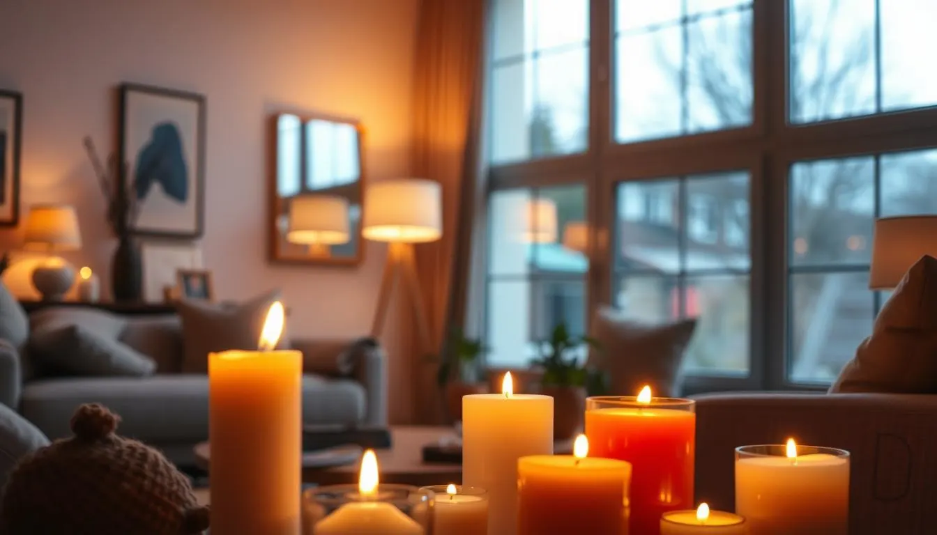 A cozy living room filled with warm, inviting lighting. In the foreground, a group of decorative candles in various shapes and sizes, their flames flickering softly. In the middle ground, a sleek, minimalist floor lamp casts a gentle glow across the room. The background features a large window, allowing natural light to stream in and create a tranquil, serene atmosphere. The overall mood is one of comfort and relaxation, perfect for transforming the space and creating a welcoming ambiance throughout the seasons.