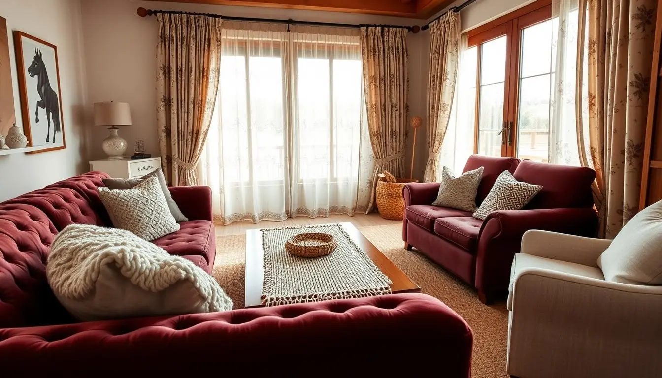 A cozy living room with soft, inviting textiles and furnishings. In the foreground, a plush, tufted velvet sofa in a rich burgundy hue, accented with knitted throw pillows in muted tones. On the middle-ground, a low, wooden coffee table with a hand-woven macrame table runner, surrounded by a pair of oversized, comfy armchairs upholstered in a soft, neutral linen. In the background, sheer, billowing curtains in a delicate, floral pattern frame large windows, allowing natural light to flood the space. The overall mood is one of warmth, comfort, and a touch of rustic, bohemian charm.