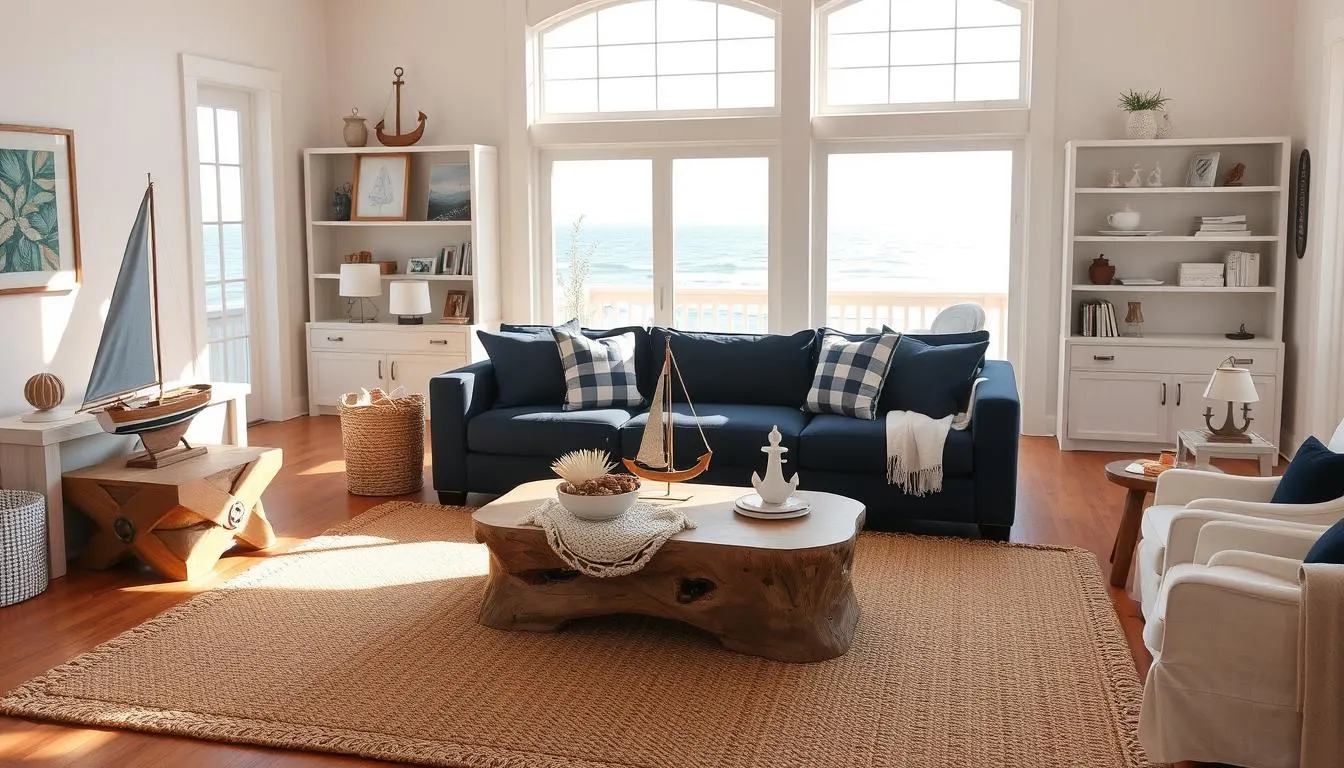 A cozy nautical living room with a navy blue sofa and crisp white accents. Warm, natural light filters in through large windows, casting a soft glow on the space. In the foreground, a woven area rug grounds the scene, complemented by driftwood-inspired coffee and side tables. Subtle coastal decor, such as a model sailboat, anchors, and rope accents, add authentic nautical touches. The middle ground features bookshelves adorned with nautical-themed trinkets and artwork, while the background showcases stunning ocean views through the panoramic windows. An overall serene and inviting atmosphere, perfectly capturing the essence of a navy and white nautical living room.