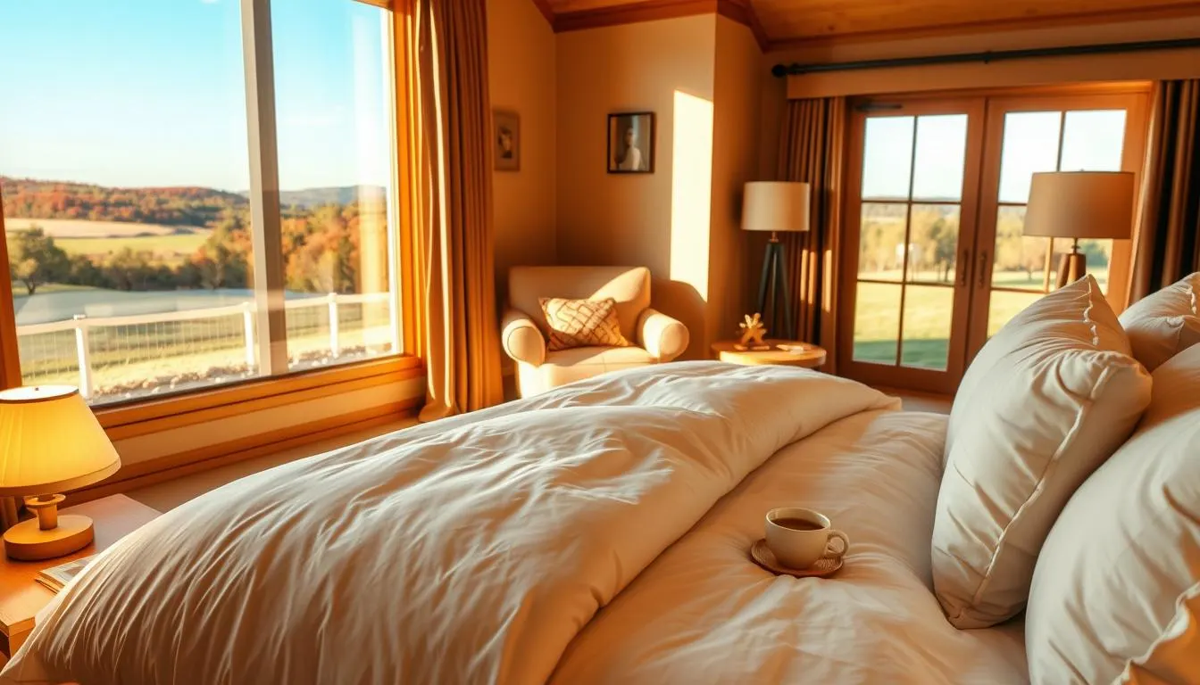 A cozy, well-lit bedroom with warm, inviting tones. In the foreground, a plush, oversized bed with soft, luxurious bedding and several fluffy pillows. Beside the bed, a wooden nightstand with a table lamp, casting a gentle glow. In the middle ground, a large, comfy armchair and a small side table with a book and a mug of hot tea. The background features a large window, letting in natural light and showcasing a serene, natural landscape outside. The overall atmosphere is calming, peaceful, and conducive to a restful night's sleep.