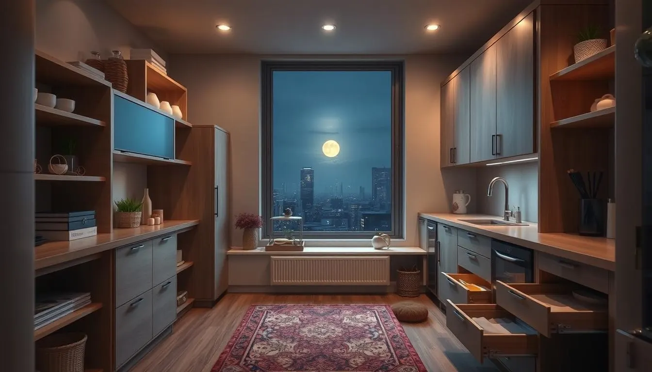 A cozy, well-organized home interior with creative, space-saving storage solutions in the foreground. Floating shelves, hidden cabinets, and innovative under-counter drawers fill the middle ground, seamlessly blending functionality and minimalist design. In the background, a large window overlooking a peaceful, moonlit cityscape, casting a warm, natural glow throughout the room. Soft, diffused lighting highlights the ingenious use of every inch of available space, inspiring a sense of order and tranquility. Captured with a wide-angle lens to showcase the clever arrangement of these hidden storage opportunities.