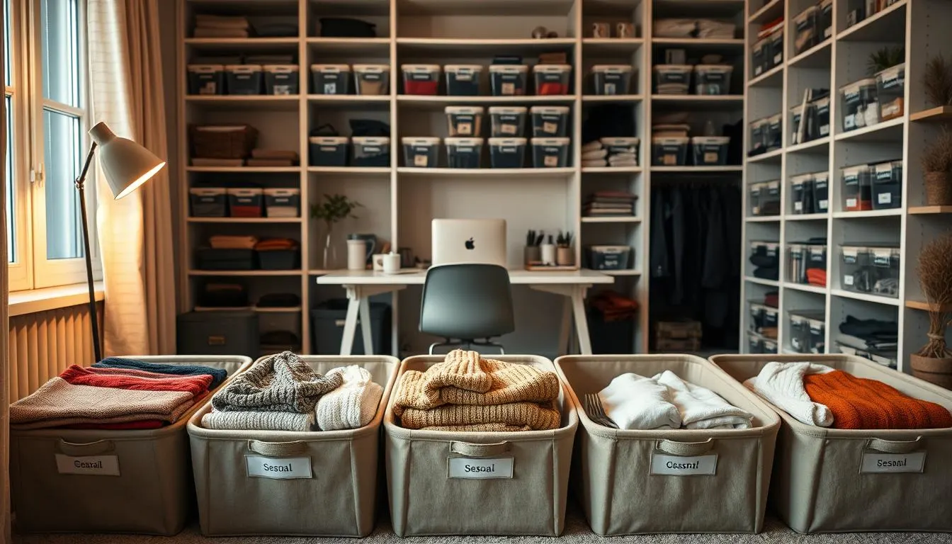 A cozy, well-organized home office with a neatly arranged seasonal rotation system. In the foreground, a series of labeled storage bins, each containing neatly folded seasonal clothing and accessories. Warm, diffused lighting from a desk lamp illuminates the scene, creating a soft, inviting atmosphere. In the middle ground, a sleek, minimalist desk with a laptop and a few carefully curated decor items. The background features floor-to-ceiling shelves, meticulously organized with labeled containers, creating a visually harmonious and efficient storage solution. The overall mood is one of calm, control, and effortless domesticity.
