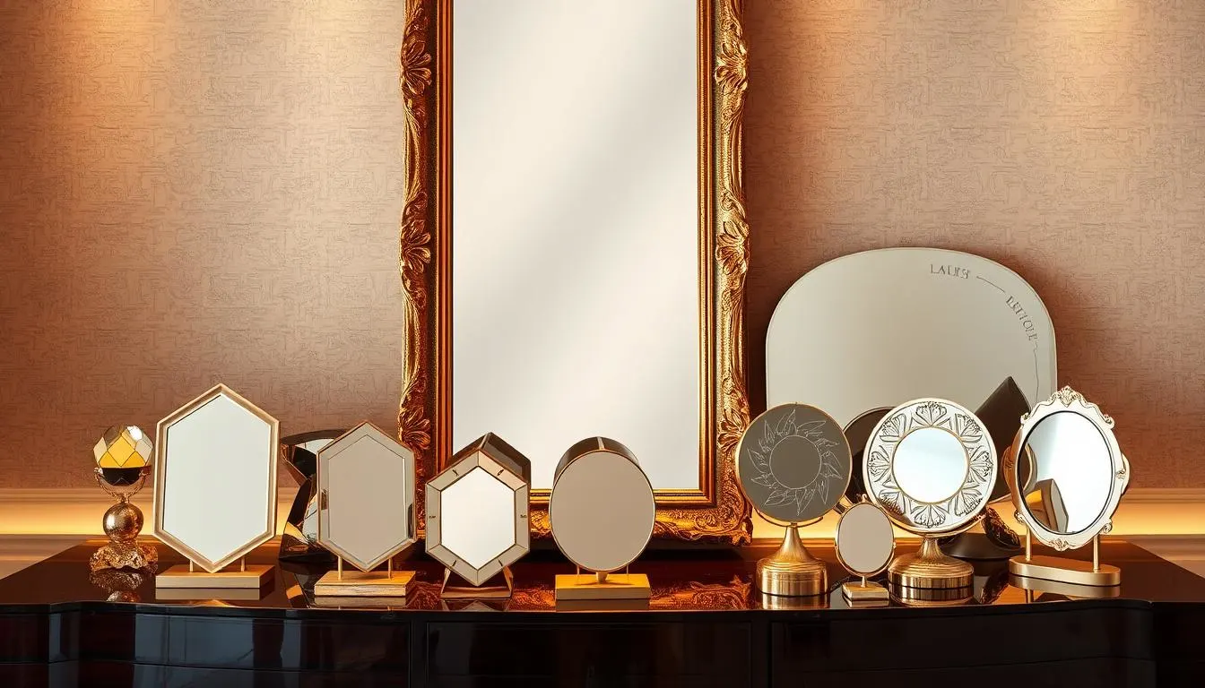 A elegant, luxurious household scene featuring a collection of designer mirrors. In the foreground, a stunning floor-to-ceiling mirror with an ornate, gilded frame stands as the focal point. Surrounding it are various tabletop mirrors of different shapes and sizes, some with art deco-inspired geometric patterns, others with delicate floral motifs. The mirrors are positioned on a glossy, dark wood console table, bathed in warm, soft lighting that creates a reflective, almost ethereal atmosphere. In the background, a neutral-toned, textured wall provides a simple yet sophisticated backdrop, allowing the mirrors to truly shine as reflective works of art.