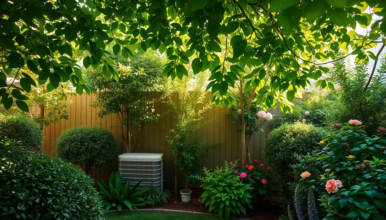 A lush, verdant backyard oasis with an expertly camouflaged air conditioning unit nestled seamlessly among natural foliage. A canopy of vibrant, overhanging greenery casts dappled shadows, creating a serene, nature-inspired ambiance. Carefully placed shrubs and flowering plants conceal the unit's edges, blending it into the landscape. Soft, diffused sunlight filters through the leaves, illuminating the scene with a warm, golden glow. The arrangement feels intentional and harmonious, showcasing how strategic landscaping can discreetly disguise an unsightly outdoor appliance.