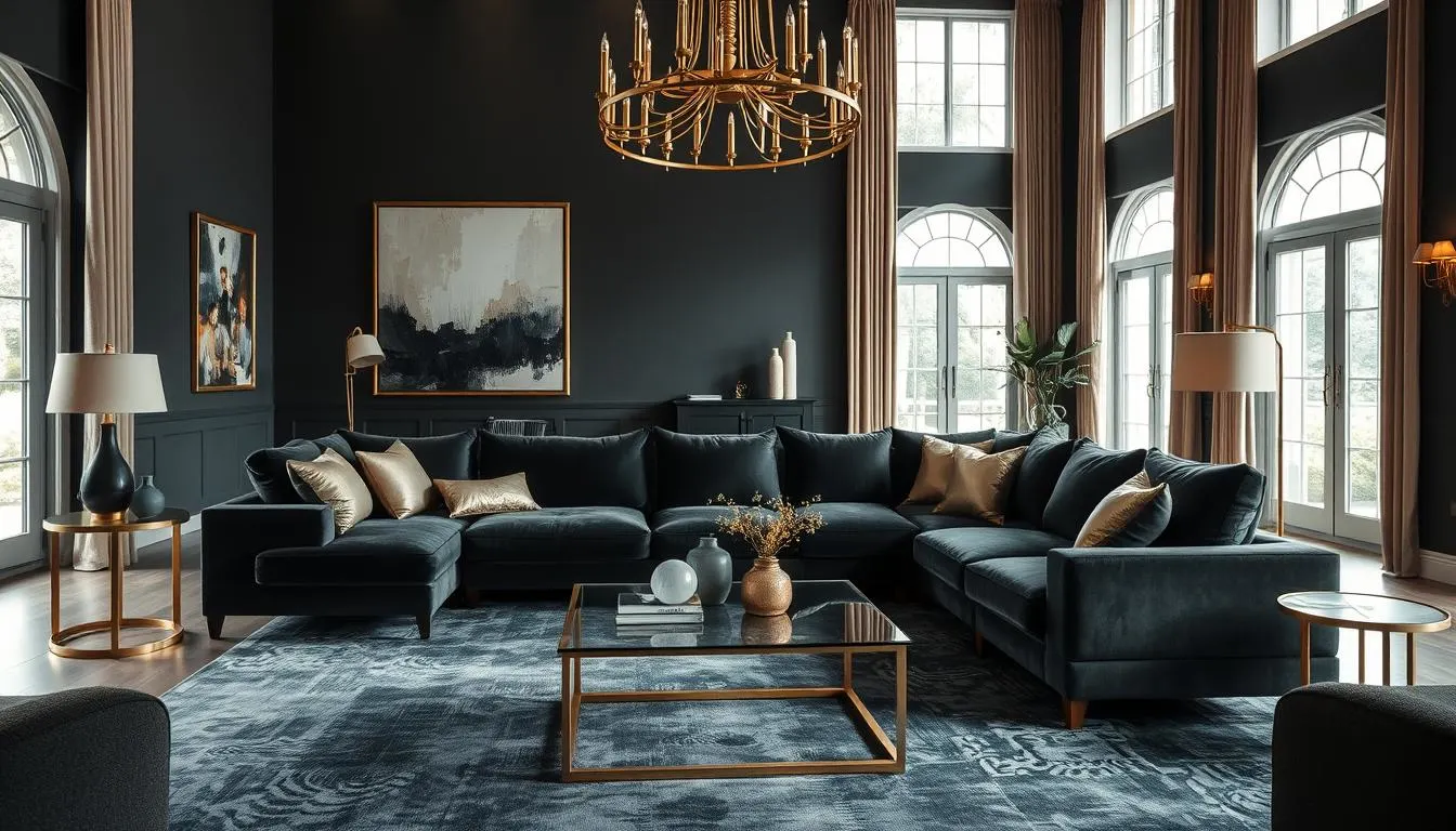 A luxurious living room in a charcoal and gold color scheme. The room has high ceilings and large windows that allow natural light to flood the space. A plush, deep charcoal sectional sofa takes center stage, accented by gold-framed abstract art on the walls and a sleek gold-legged coffee table. Subtle gold accents, such as metallic throw pillows and a shimmering gold chandelier, add a touch of opulence. The room is bathed in a warm, ambient lighting, creating a cozy and sophisticated atmosphere. The overall effect is one of dramatic elegance and timeless sophistication.