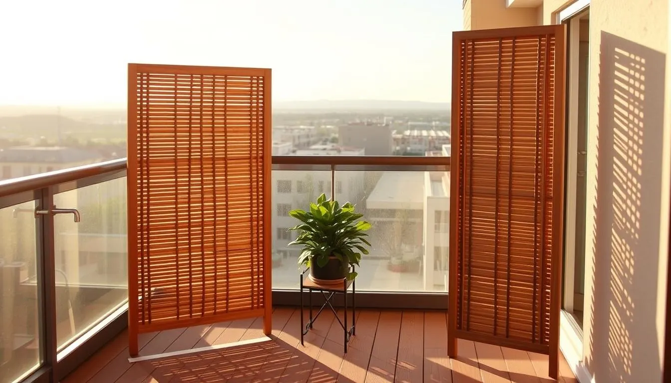 A minimalist balcony showcasing a DIY privacy screen installation. In the foreground, two wooden screens stand parallel, gently swaying in a soft breeze. The screens are crafted from natural bamboo, arranged in a clean, geometric pattern that filters the sunlight without obscuring the view. In the middle ground, lush potted plants sit on a small table, casting delicate shadows on the wooden decking. The background features a tranquil urban landscape, with distant buildings and a clear sky bathed in warm, golden afternoon light. The overall scene exudes a sense of cozy, outdoor serenity and functional style on a modest budget.