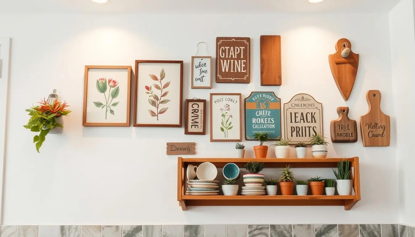A minimalist kitchen wall with a charming display of affordable decorations. In the foreground, a simple wooden rack showcases a variety of colorful ceramic mugs, plates, and small potted plants. In the middle ground, a gallery wall features an eclectic mix of framed botanical prints, vintage-inspired metal signs, and hand-painted wooden plaques. The background is a clean, white wall with subtle textures, creating a bright and airy atmosphere. Warm task lighting from above casts a gentle glow, highlighting the natural materials and textures. The overall look is inviting, stylish, and budget-friendly, perfect for a 2025 kitchen refresh.