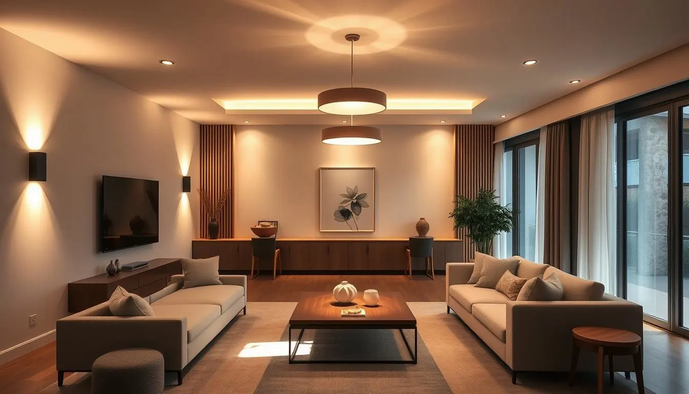 A minimalist living room bathed in layered lighting, creating a warm and inviting ambiance. The space features clean-lined furniture, natural materials, and subtle pops of color. Soft, indirect illumination from concealed wall sconces casts a gentle glow, while a statement pendant light over the coffee table provides focused task lighting. Recessed ceiling lights subtly brighten the room, their beams filtered through a haze of atmospheric haze. Expansive windows allow natural daylight to flood the space, casting dynamic shadows and highlights across the carefully curated decor. The overall effect is one of understated elegance and serene, cozy atmosphere.