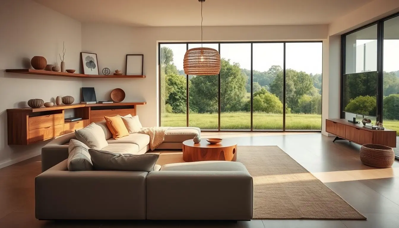 A minimalist living room showcasing circular economy furniture trends. In the foreground, a stylish modular sofa made from recycled plastic and upcycled wooden frames. Floating shelves display artfully arranged decorative objects crafted from repurposed materials. The middle ground features a low, organic-shaped coffee table constructed from compressed sawdust and plant-based resins. Warm, diffused lighting from a pendant lamp made of woven rattan casts a cozy glow. The background depicts large windows overlooking a serene natural landscape, hinting at the harmony between sustainable design and the environment.