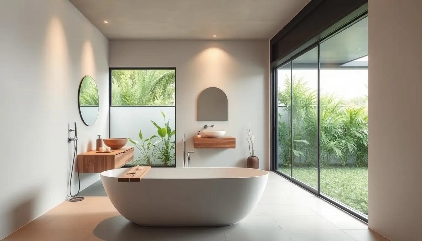 A minimalist, modern bathroom showcasing sustainable and eco-friendly fixtures. In the foreground, a sleek freestanding bathtub made of recycled materials, with natural wood accents. In the middle ground, a wall-mounted vanity crafted from repurposed bamboo, paired with a minimalist vessel sink. Recessed LED lighting gently illuminates the space, creating a warm, spa-like ambiance. The background features large windows overlooking a lush, verdant garden, blending the indoors and outdoors. Soft, neutral tones, natural textures, and clean lines give the scene a serene, calming atmosphere, embodying the principles of sustainable and eco-friendly design.