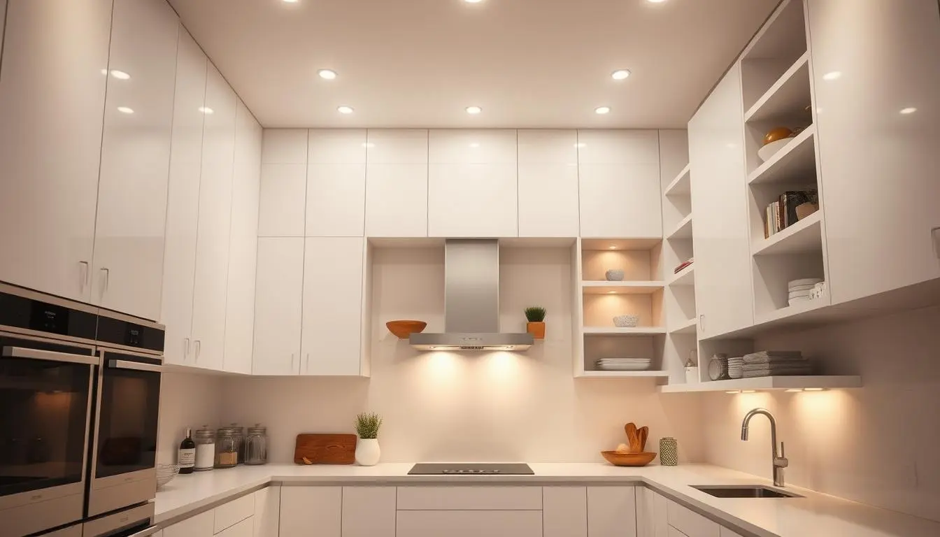 A modern, minimalist kitchen interior with ample vertical and hidden storage solutions. The scene features sleek, white cabinets and shelves that extend to the ceiling, maximizing the available space. Recessed lighting casts a warm glow, illuminating the clean, uncluttered design. The countertops are clear, save for a few carefully curated decor pieces. Muted tones and natural materials, like wood accents, create a serene and streamlined ambiance. The camera angle is positioned to showcase the clever use of vertical real estate and discreet storage compartments, emphasizing the space-saving techniques.