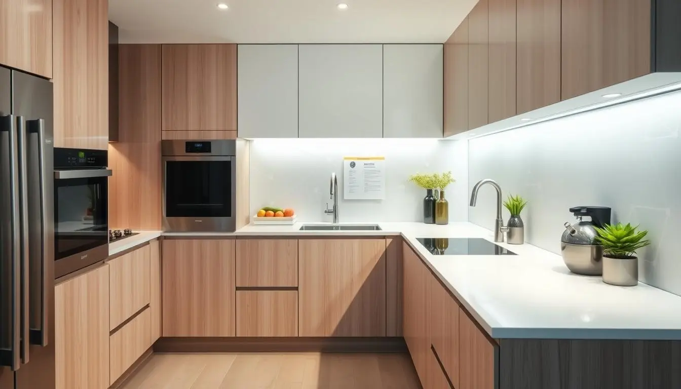 A modern, minimalist kitchen with a hidden message center. A sleek, linear arrangement of light wood cabinets and countertops, accented by brushed steel appliances. The backsplash features a subtle, abstract pattern that conceals a discreet message board. Soft, indirect lighting casts a warm glow, creating a serene, uncluttered atmosphere. The layout is designed for maximum efficiency, with hidden storage solutions and a clean, uninterrupted workspace. The overall impression is one of thoughtful, functional design that seamlessly integrates technology and organization.