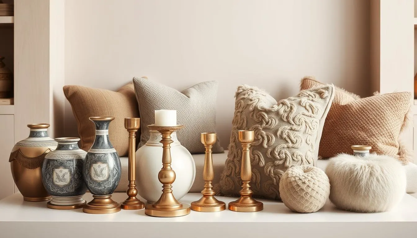 A neatly organized and curated display of authentic designer home accents, showcased in a warm, inviting setting. In the foreground, an artfully arranged vignette features a selection of high-quality decorative objects, such as intricate ceramic vases, polished metal candlesticks, and plush, textured throw pillows. The middle ground reveals a neutral-toned, minimalist backdrop, allowing the accents to take center stage. Soft, diffused lighting casts a gentle glow, creating a sense of refinement and sophistication. The overall composition conveys a harmonious blend of contemporary design and timeless elegance, inspiring the viewer to envision these pieces within their own luxurious living spaces.