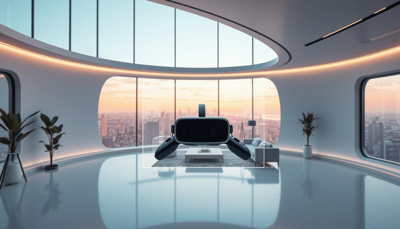 A pristine, futuristic virtual reality staging studio with a minimalist, high-tech aesthetic. In the foreground, a sleek VR headset and controllers levitate, surrounded by a soft, ambient glow. The middle ground features a large, holographic display showcasing a photorealistic interior design scene, with intricate furniture and decor elements. In the background, a panoramic window offers a breathtaking cityscape view, bathed in warm, golden-hour lighting. The overall atmosphere conveys a sense of innovation, immersion, and the seamless integration of digital and physical design.