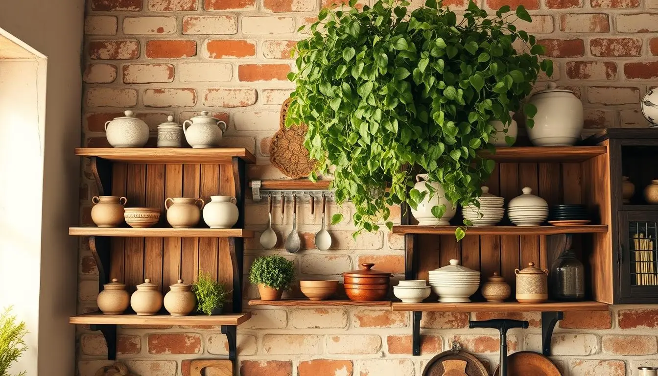 A rustic kitchen wall with a charming display of weathered wooden shelves, hand-crafted ceramic pots, and a cluster of lush greenery cascading from above. The lighting is warm and natural, casting a soft glow over the scene. In the background, a distressed brick wall adds depth and character, while the overall composition evokes a cozy, countryside ambiance. The image captures the essence of a timeless, farmhouse-inspired kitchen decor, perfect for showcasing treasured keepsakes and fresh produce.