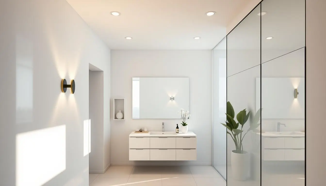A sleek and modern small bathroom, flooded with natural light streaming through large windows. The minimalist vanity is illuminated by stylish wall sconces, casting a warm glow across the clean, white tile floors. Recessed LED lighting fixtures are seamlessly integrated into the ceiling, creating a soft, ambient atmosphere. Strategically placed mirrors reflect the light, visually expanding the space. Accent lighting highlights key design elements, such as a decorative wall niche or a potted plant, adding depth and visual interest. The overall mood is one of tranquility and a sense of openness, despite the compact dimensions.